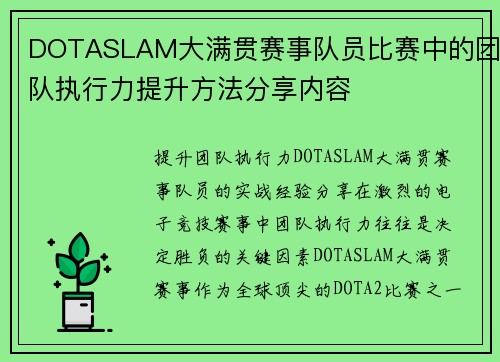 DOTASLAM大满贯赛事队员比赛中的团队执行力提升方法分享内容
