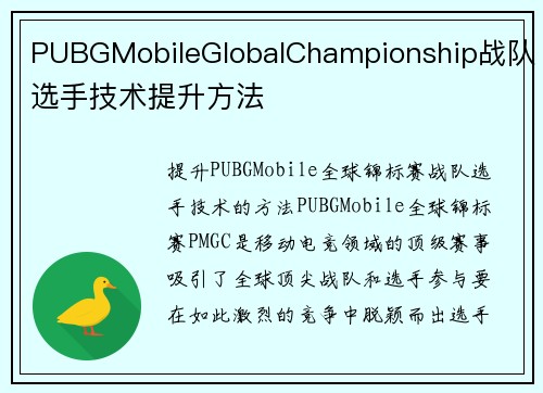PUBGMobileGlobalChampionship战队选手技术提升方法