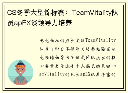 CS冬季大型锦标赛：TeamVitality队员apEX谈领导力培养